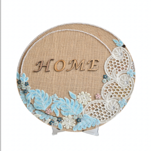 White & blue HOME lace work